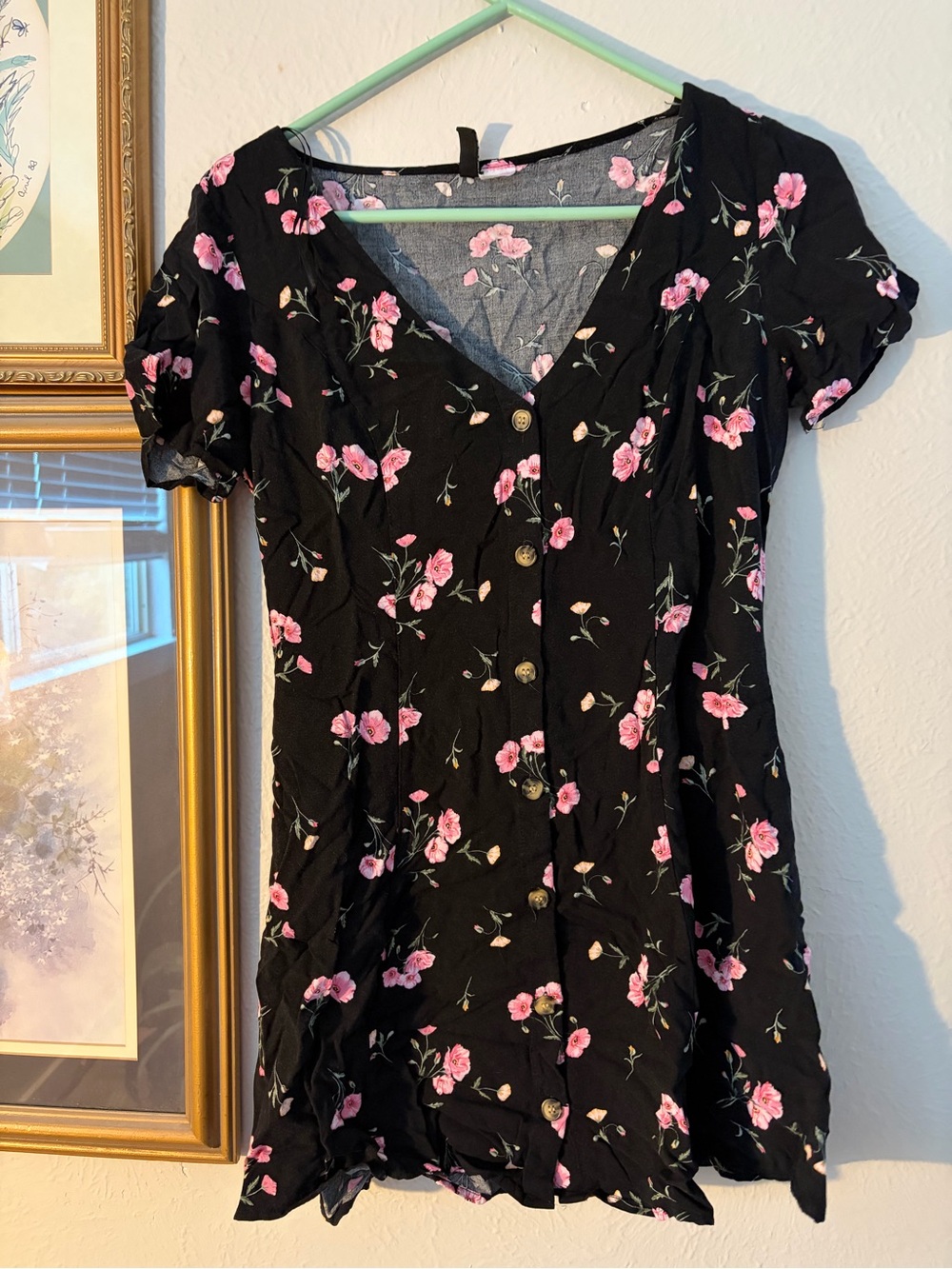 Divided Black Floral Top with Pink Blossoms